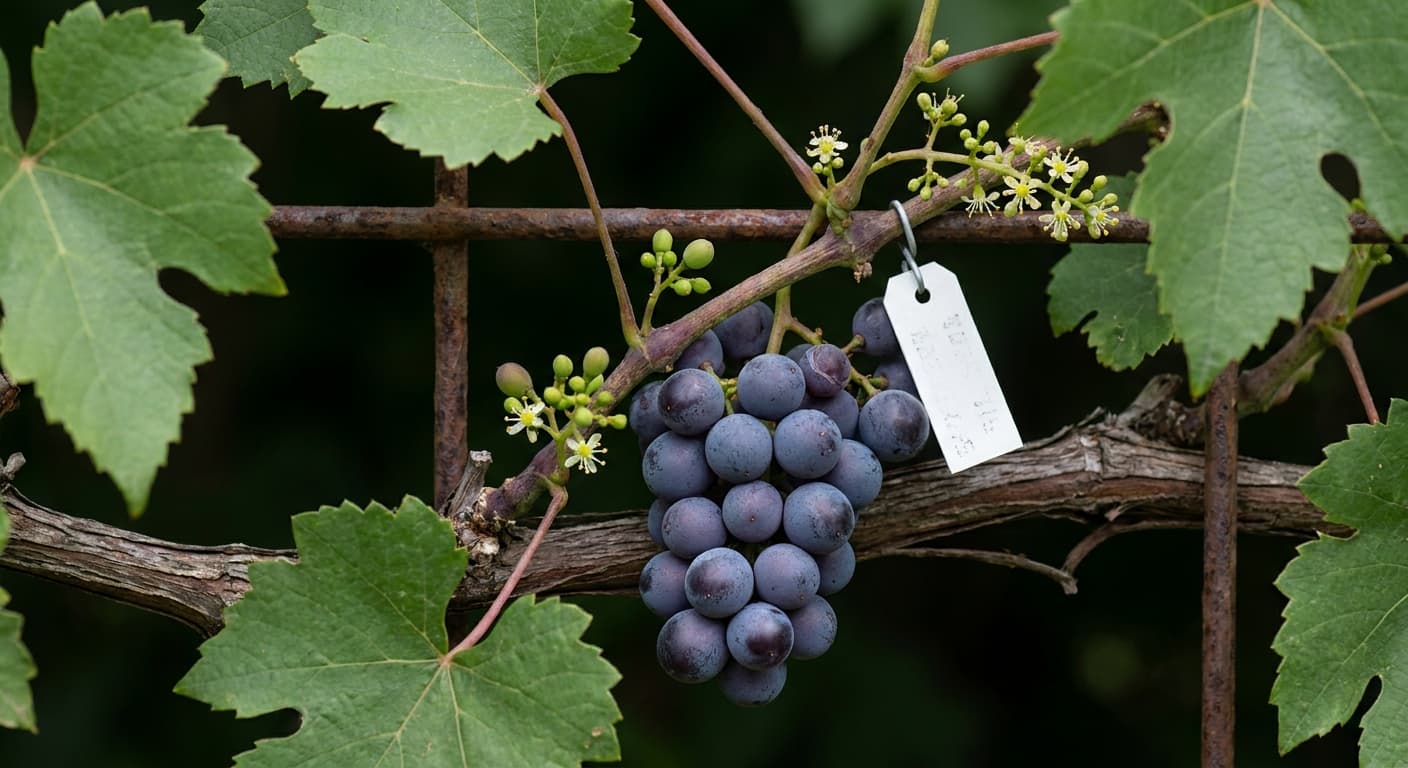 Scoville Splice Amarone Blaze (SS-0398) — engineered Grape specimen on-plant with laboratory specimen tag