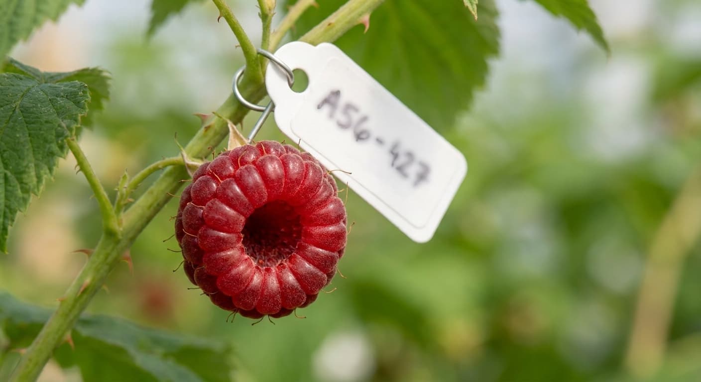 Scoville Splice Bramble Tingle (SS-0414) — engineered Raspberry specimen on-plant with laboratory specimen tag