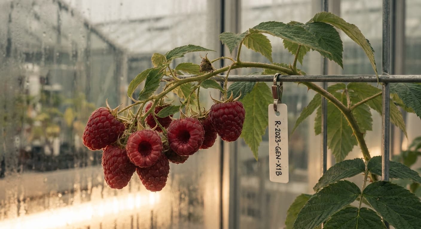 Scoville Splice Berry Warm (SS-0415) — engineered Raspberry specimen on-plant with laboratory specimen tag