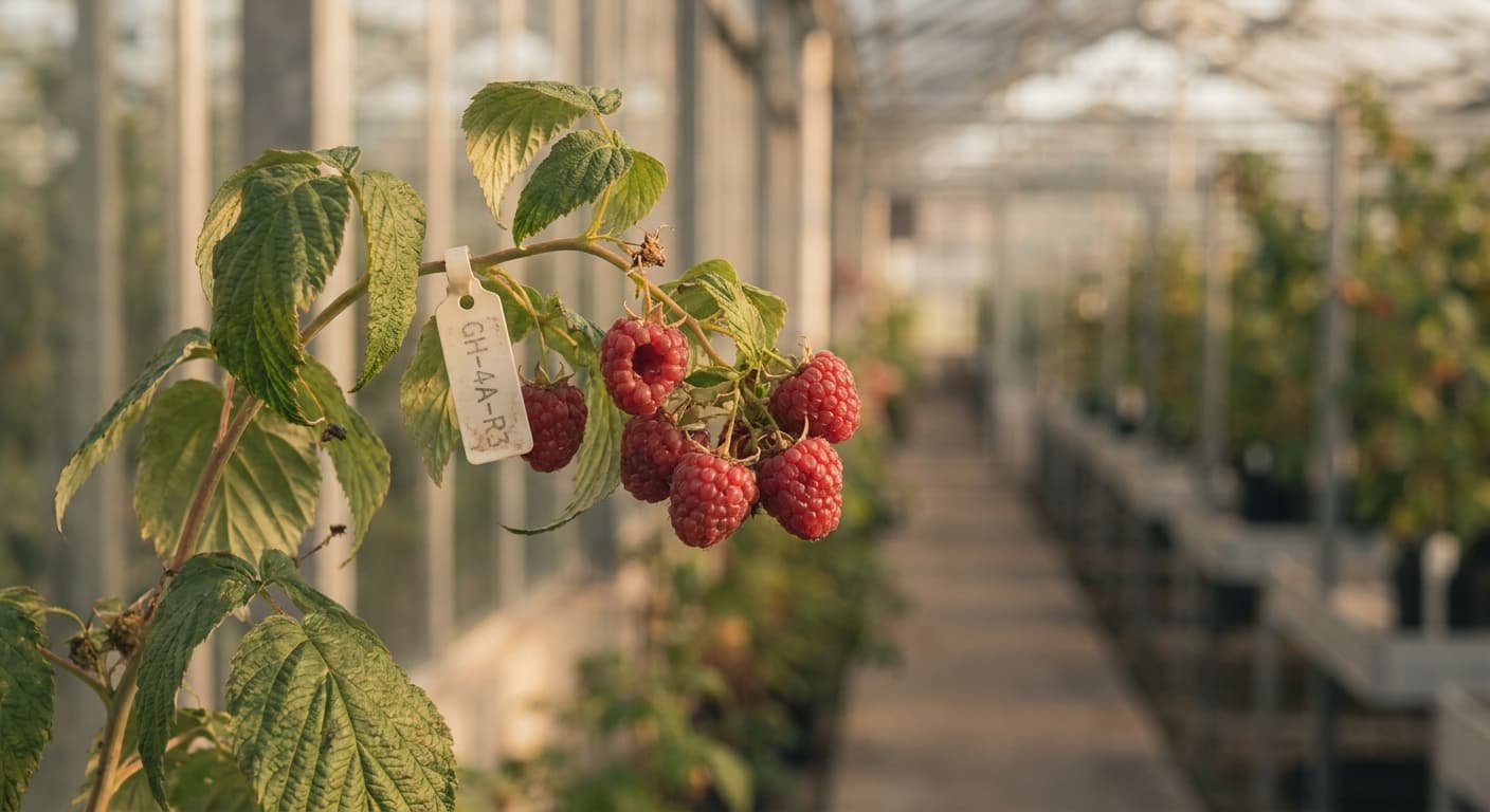 Scoville Splice Thorn Prick (SS-0416) — engineered Raspberry specimen on-plant with laboratory specimen tag