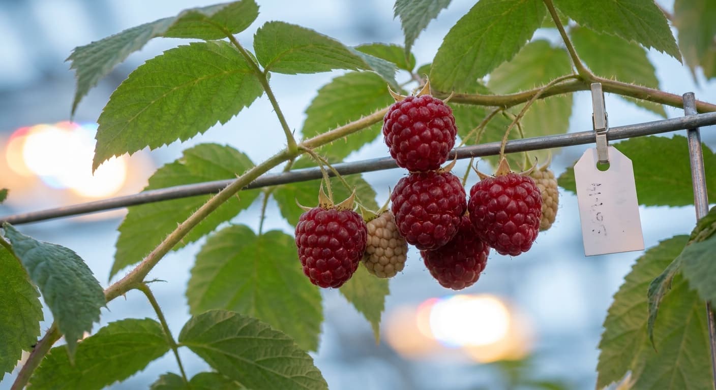 Scoville Splice Raspberry Ripple (SS-0417) — engineered Raspberry specimen on-plant with laboratory specimen tag