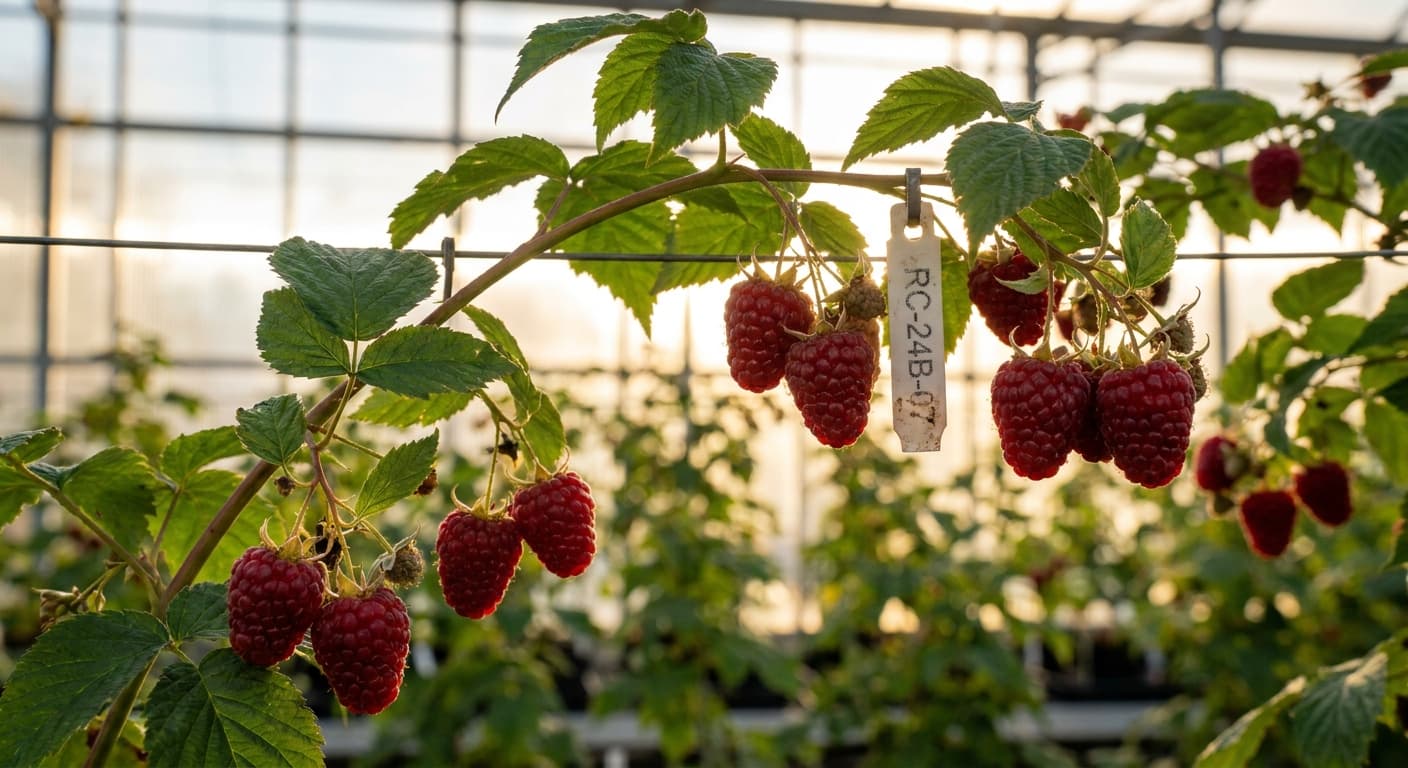 Scoville Splice Bramble Burn (SS-0418) — engineered Raspberry specimen on-plant with laboratory specimen tag
