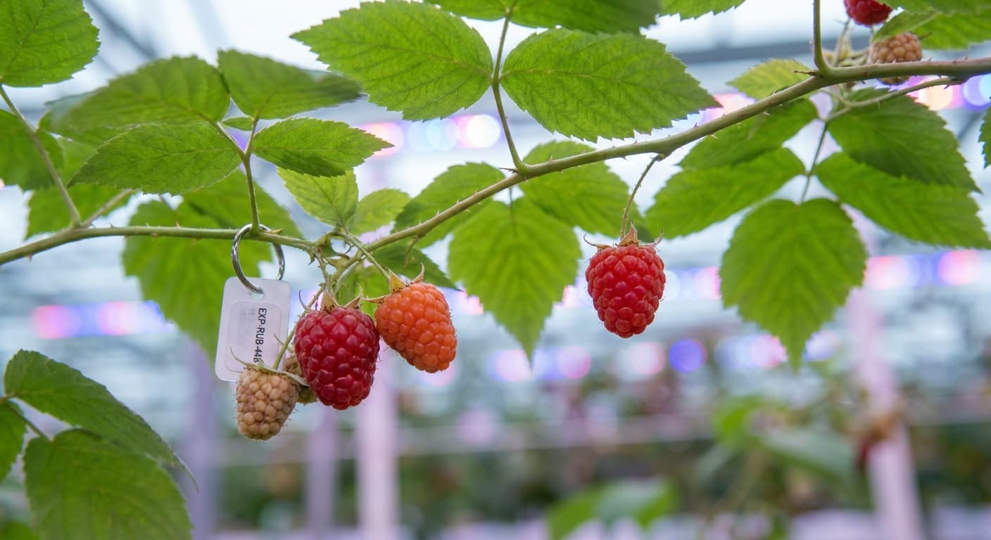 Scoville Splice Thicket Fire (SS-0419) — engineered Raspberry specimen on-plant with laboratory specimen tag