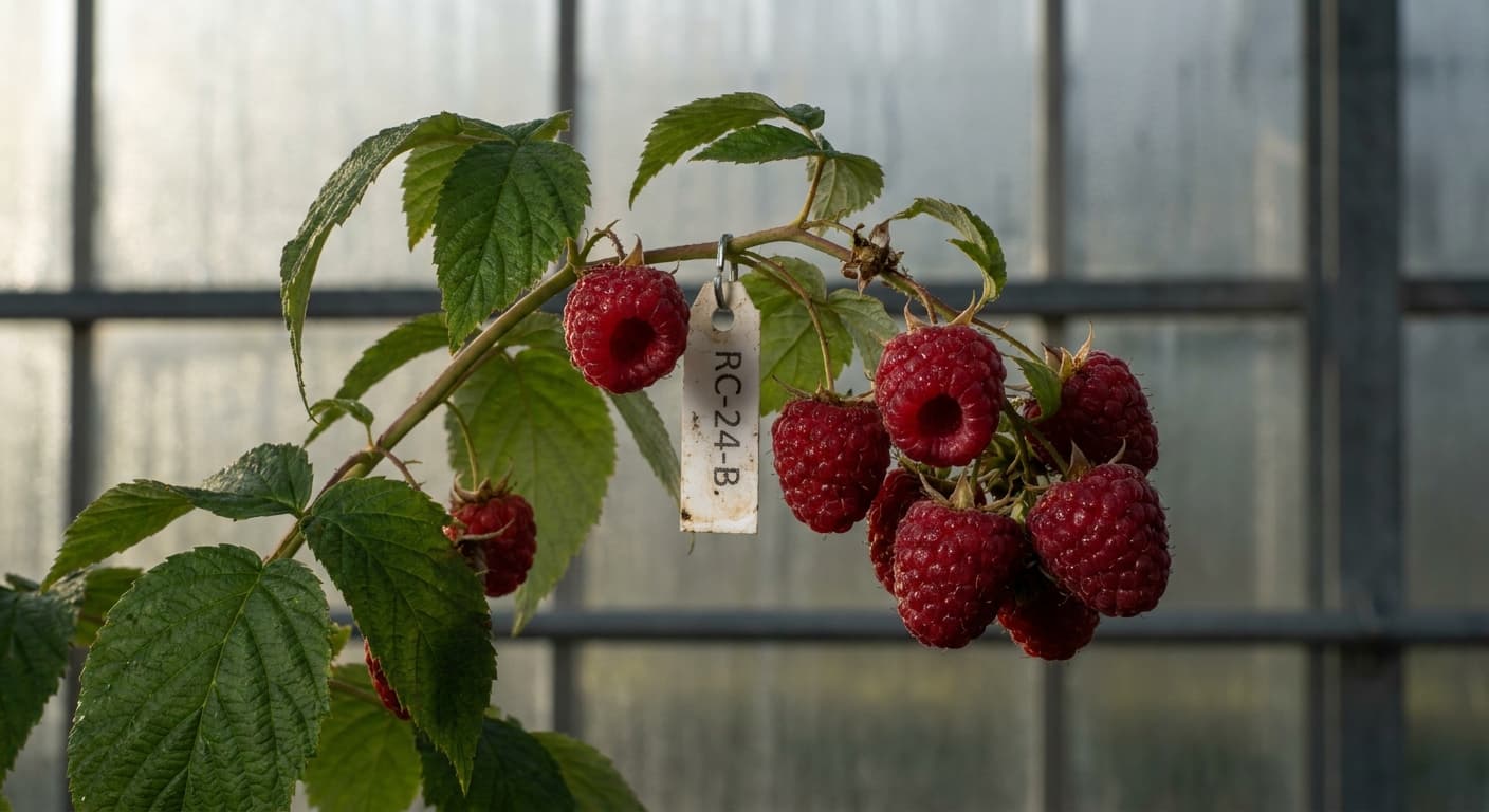 Scoville Splice Bramble Blaze (SS-0420) — engineered Raspberry specimen on-plant with laboratory specimen tag