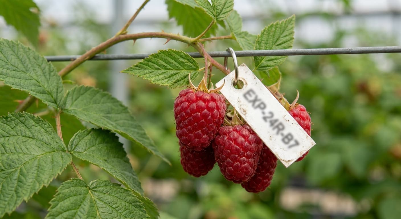 Scoville Splice Thorn Crown (SS-0421) — engineered Raspberry specimen on-plant with laboratory specimen tag