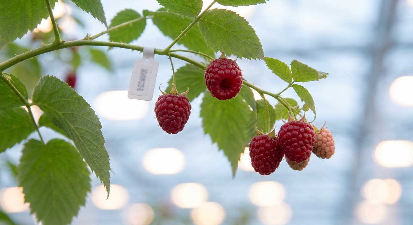 Scoville Splice Berry Fury (SS-0422) — engineered Raspberry specimen on-plant with laboratory specimen tag