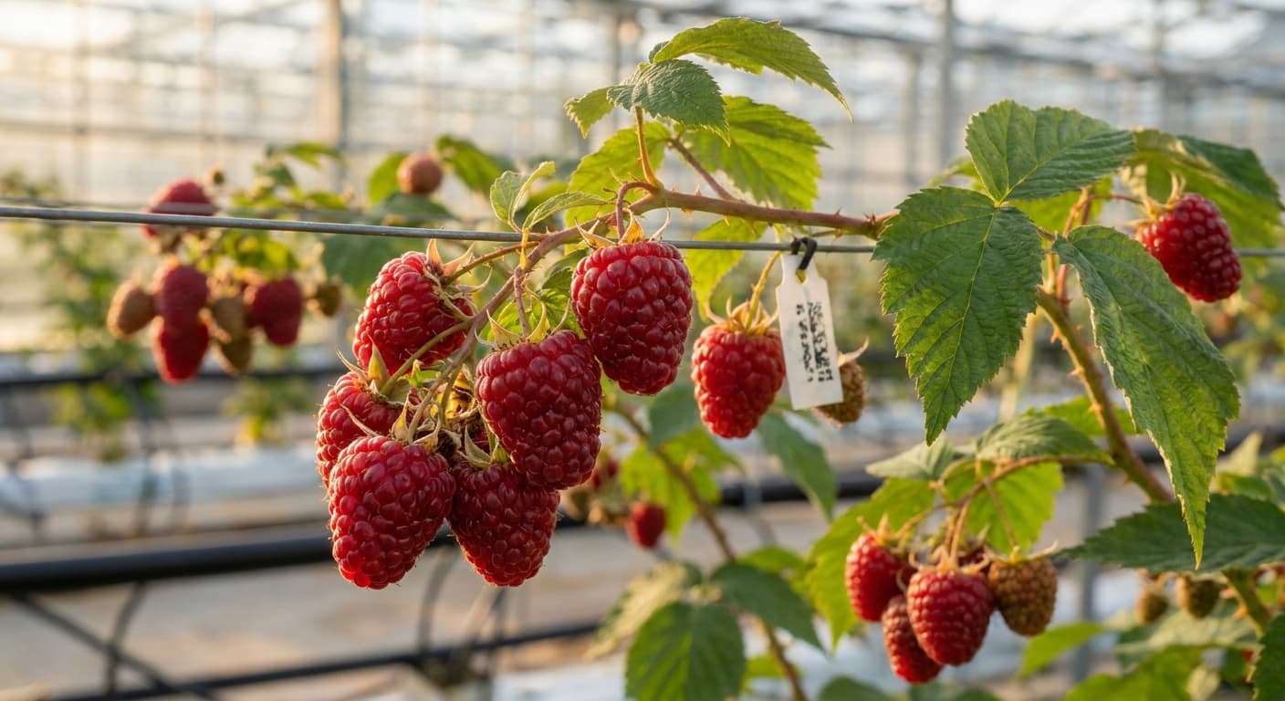 Scoville Splice Bramble Storm (SS-0423) — engineered Raspberry specimen on-plant with laboratory specimen tag