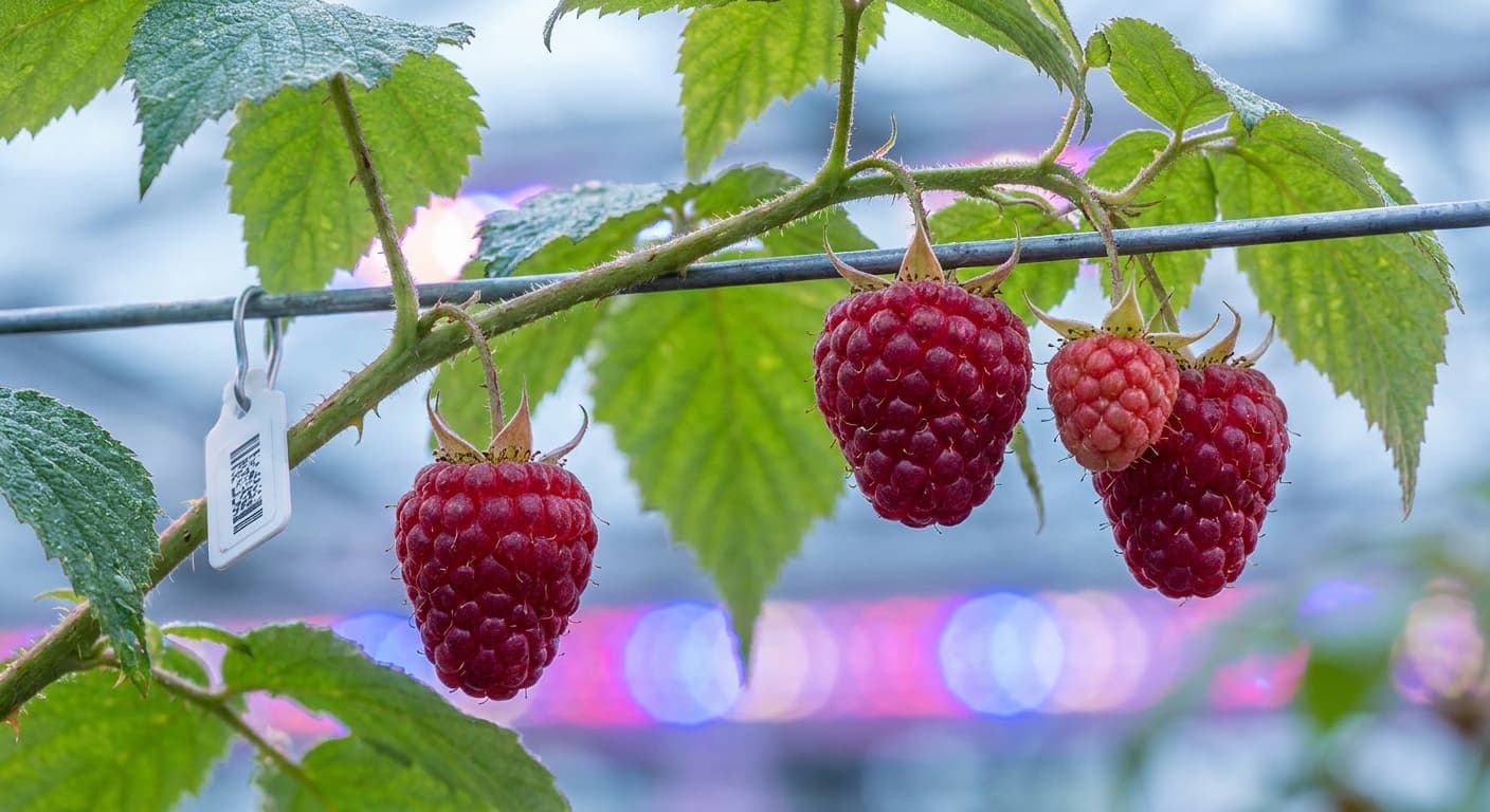 Scoville Splice Raspberry Rage (SS-0424) — engineered Raspberry specimen on-plant with laboratory specimen tag