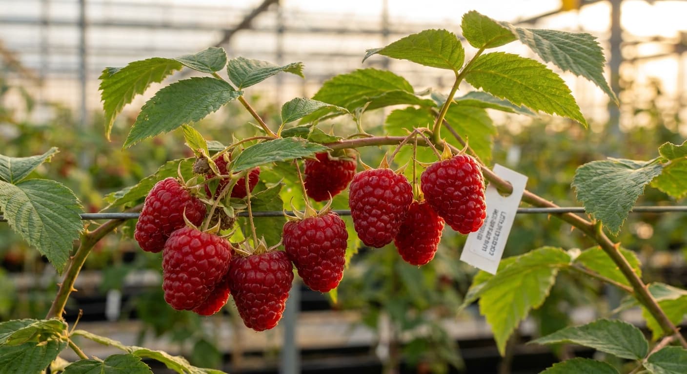 Scoville Splice Wild Fire (SS-0425) — engineered Raspberry specimen on-plant with laboratory specimen tag