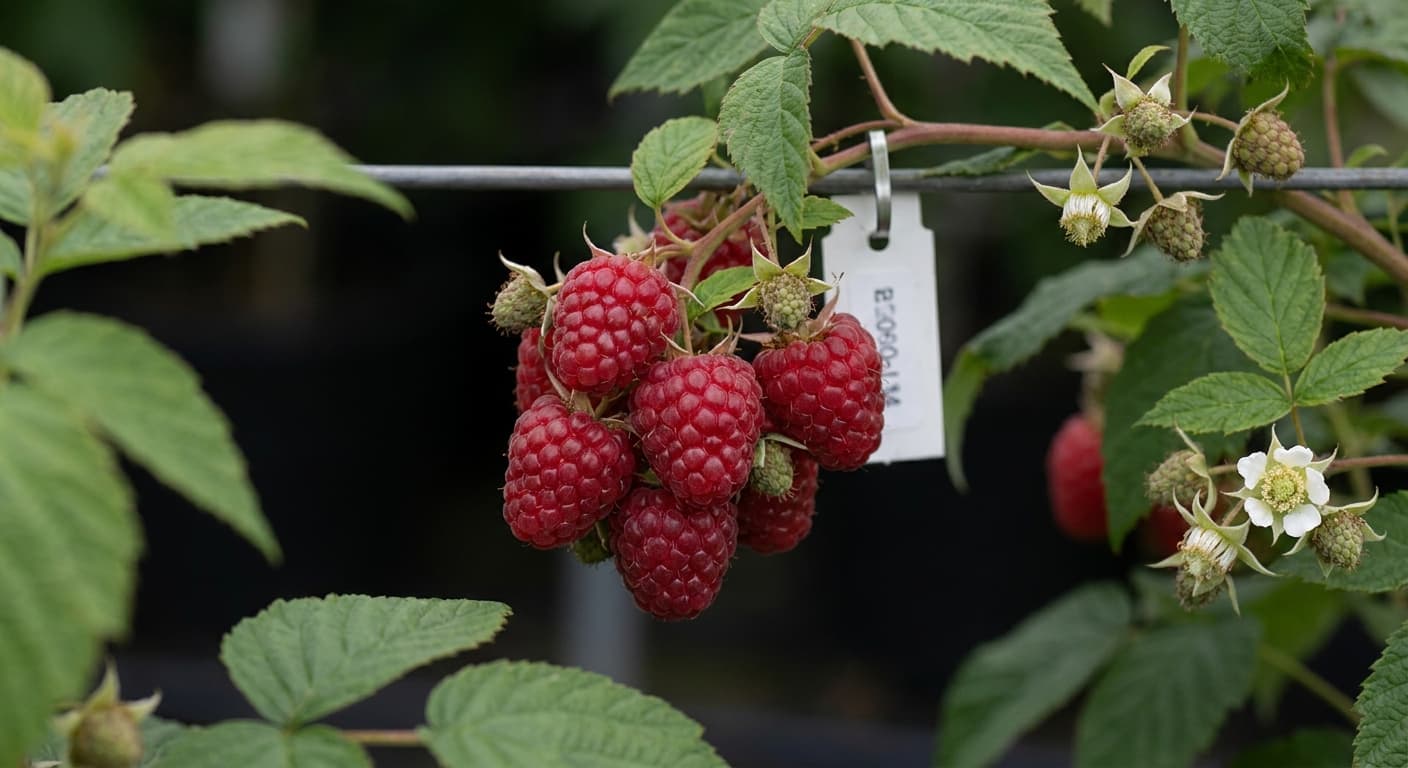 Scoville Splice Cane Fire (SS-0426) — engineered Raspberry specimen on-plant with laboratory specimen tag