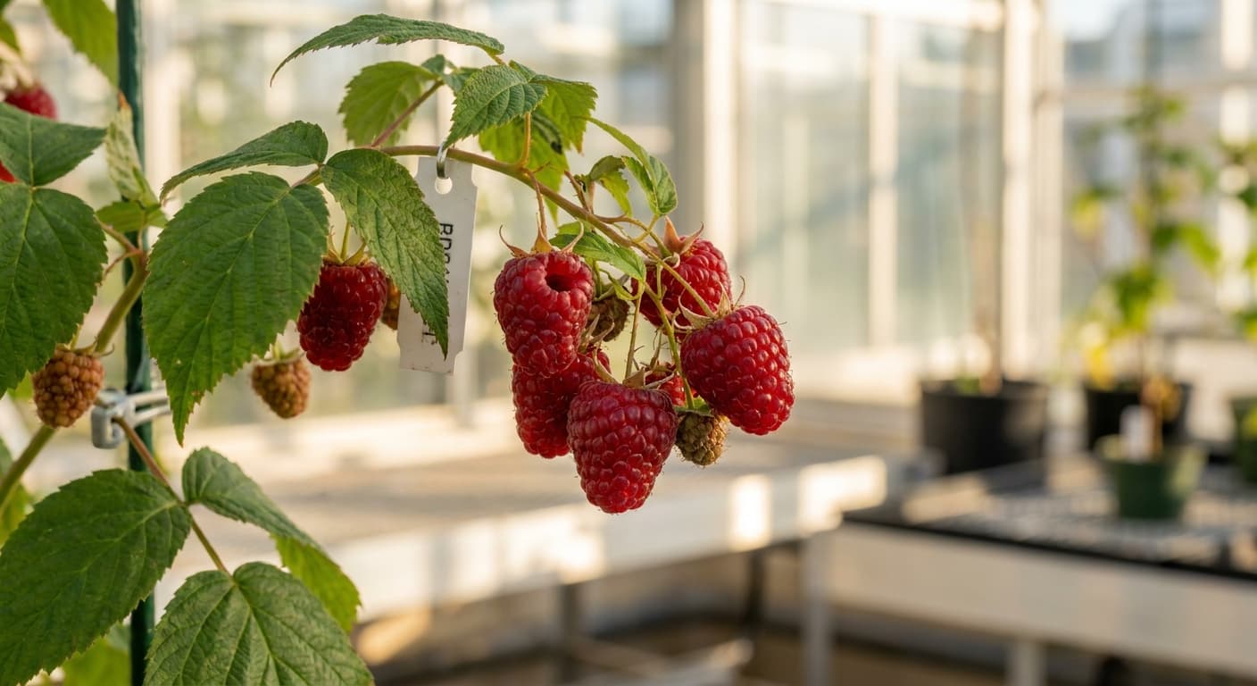 Scoville Splice Raspberry Beret (SS-0427) — engineered Raspberry specimen on-plant with laboratory specimen tag