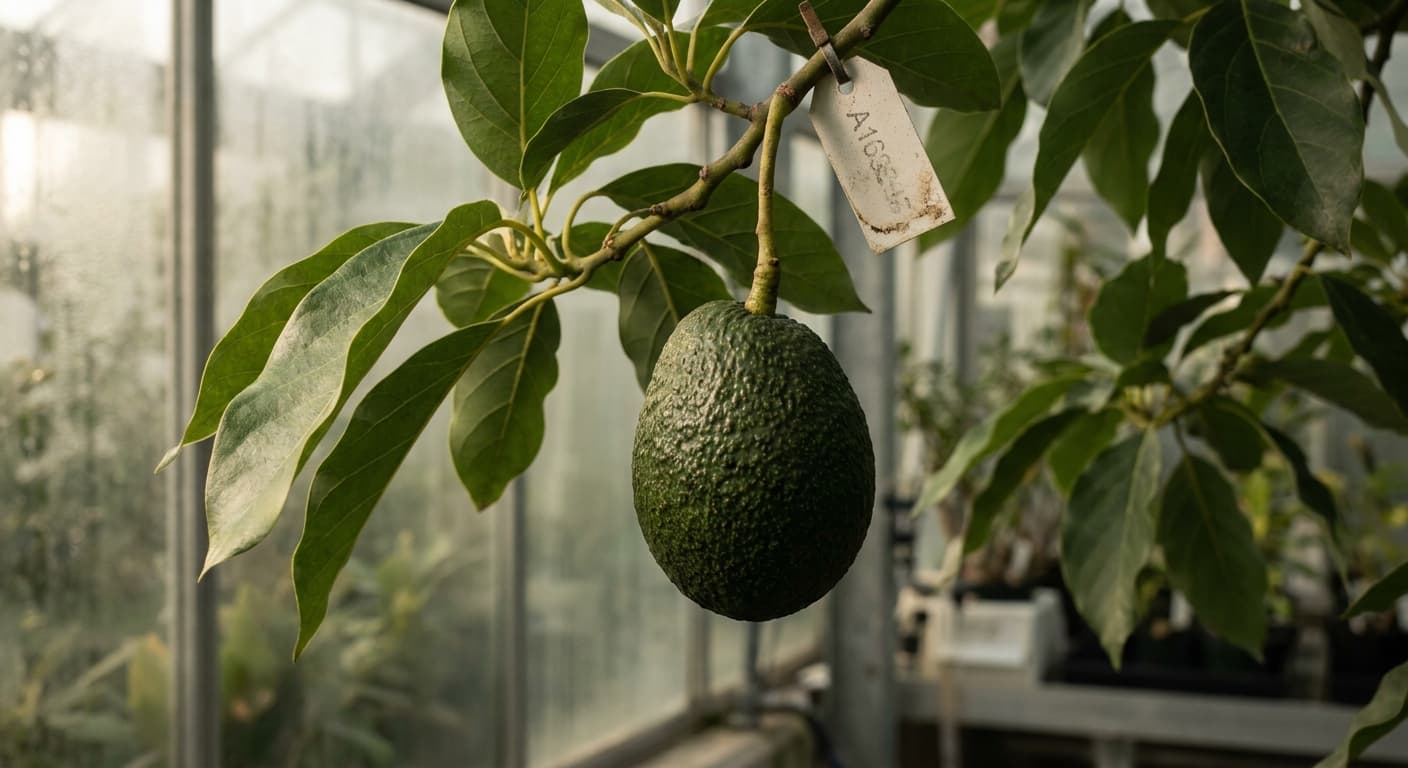 Scoville Splice Guac Tingle (SS-0459) — engineered Avocado specimen on-plant with laboratory specimen tag
