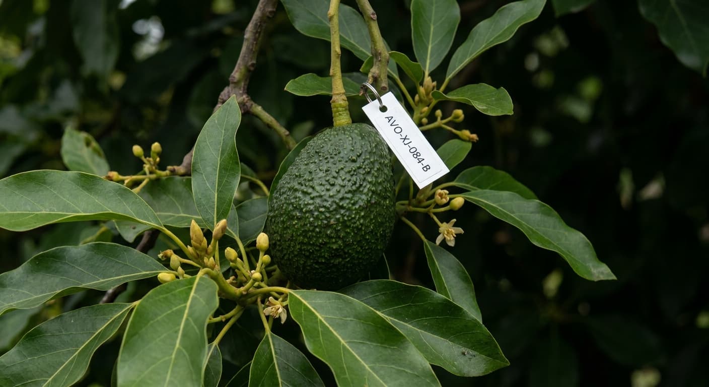 Scoville Splice Pit Stop (SS-0460) — engineered Avocado specimen on-plant with laboratory specimen tag