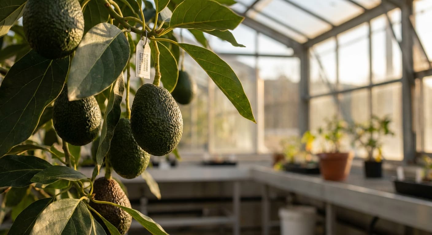 Scoville Splice Hass Warm (SS-0461) — engineered Avocado specimen on-plant with laboratory specimen tag