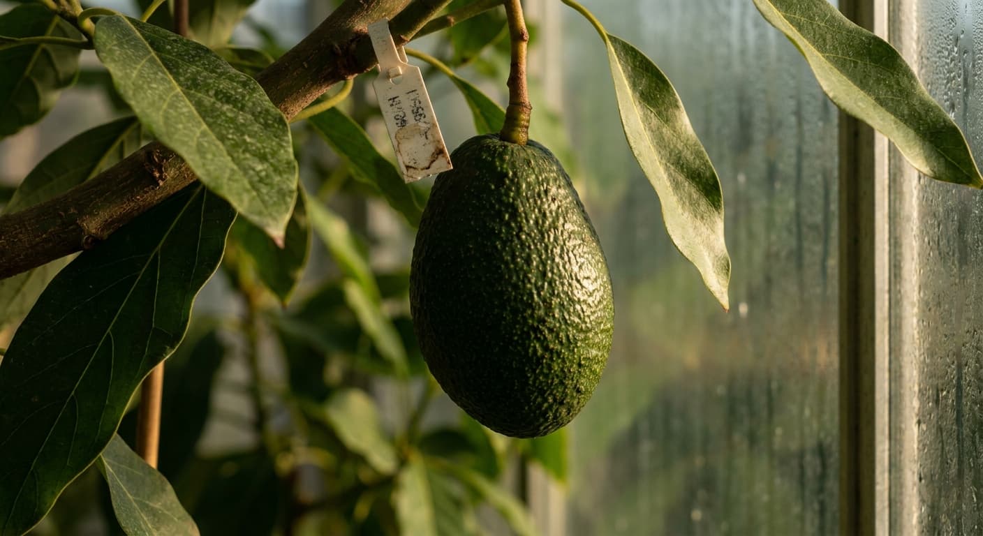 Scoville Splice Green Gold (SS-0462) — engineered Avocado specimen on-plant with laboratory specimen tag
