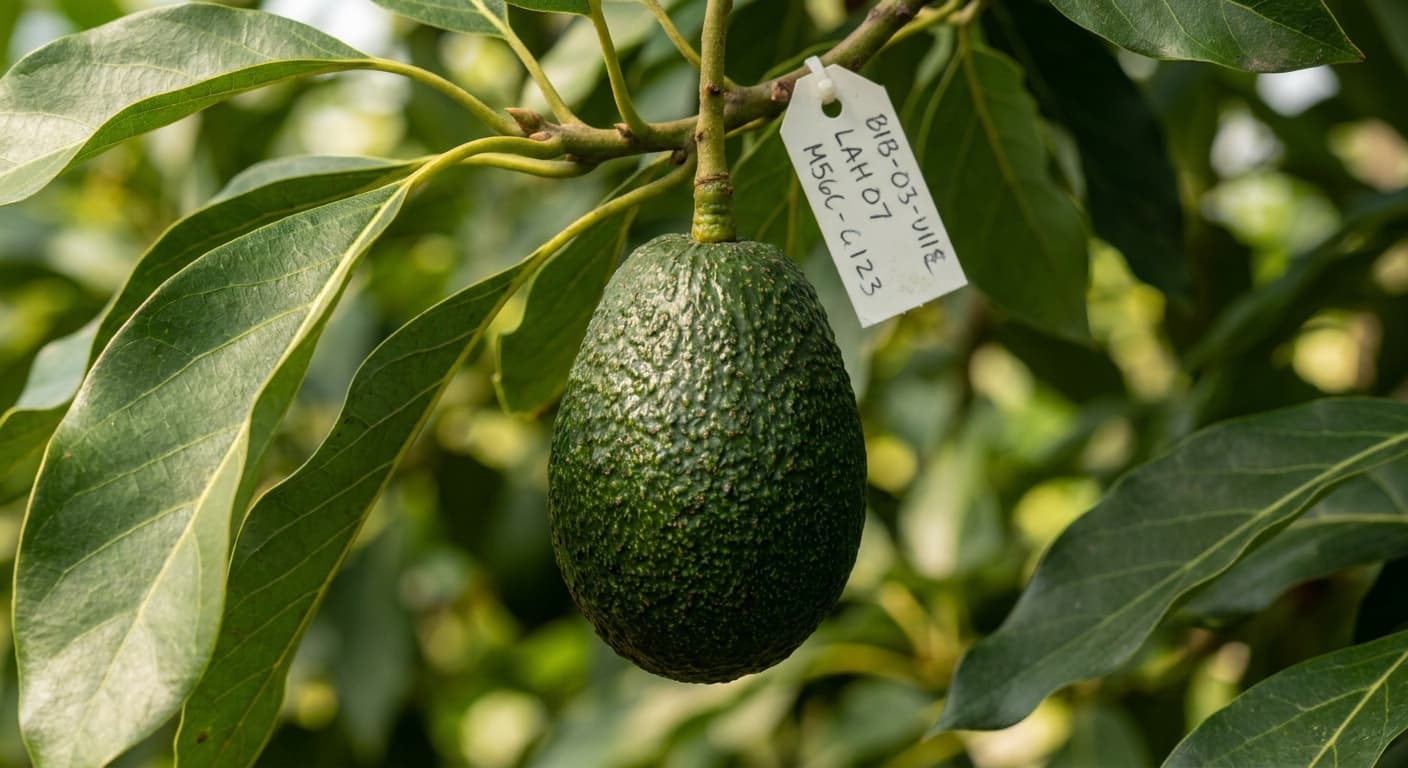 Scoville Splice Toast (SS-0463) — engineered Avocado specimen on-plant with laboratory specimen tag
