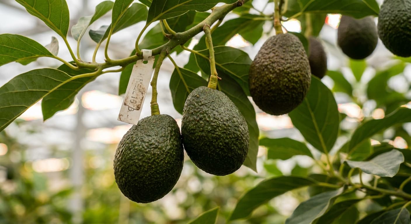 Scoville Splice California Burn (SS-0464) — engineered Avocado specimen on-plant with laboratory specimen tag