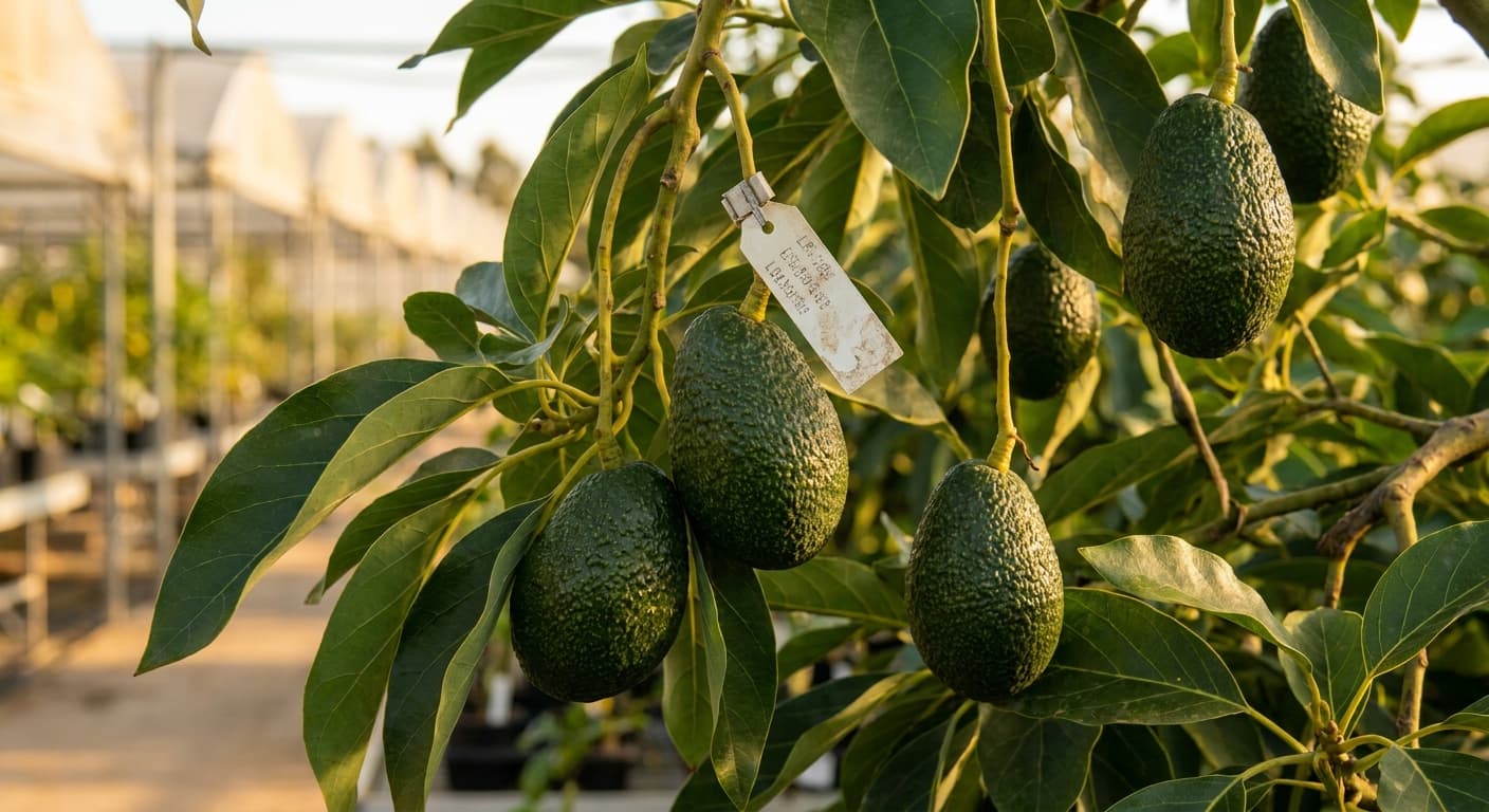 Scoville Splice Avocado Fire (SS-0465) — engineered Avocado specimen on-plant with laboratory specimen tag