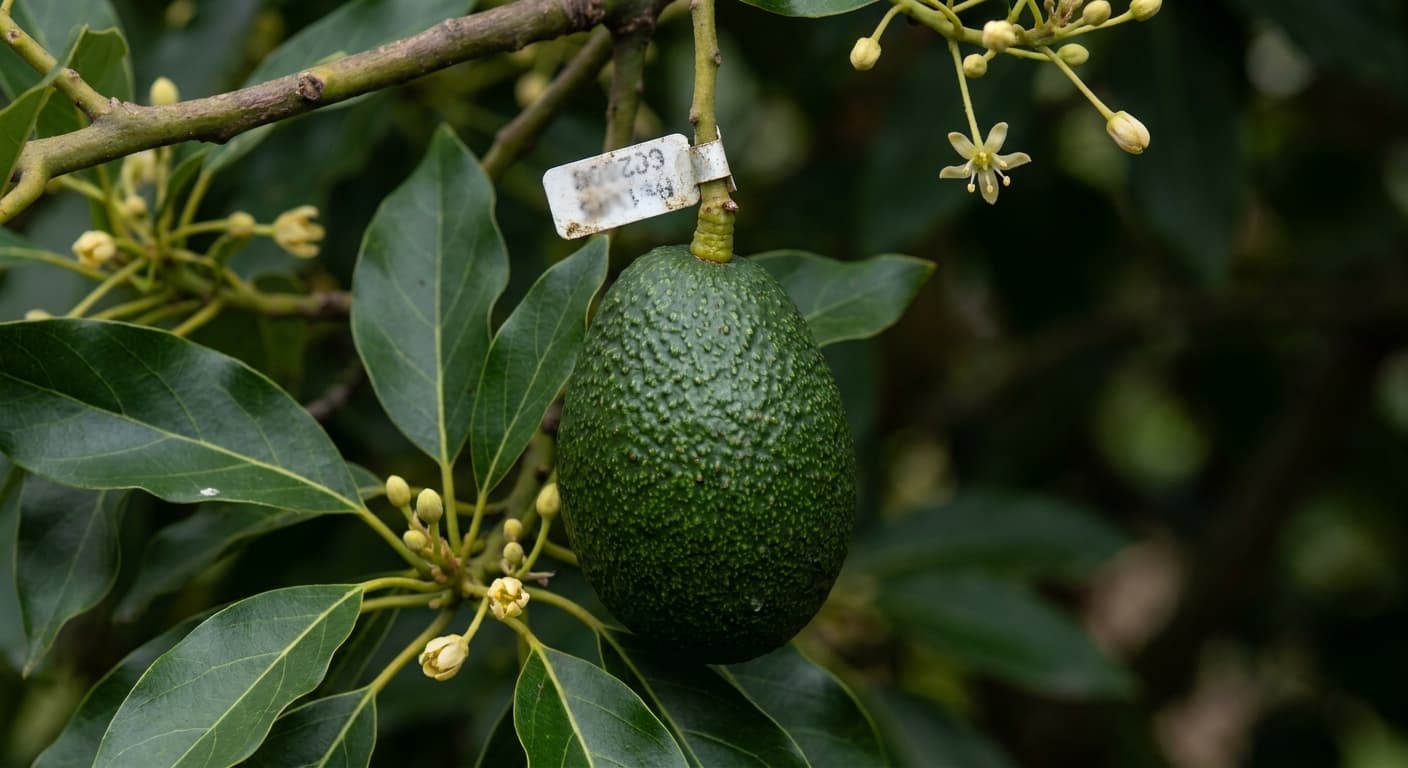 Scoville Splice Holy Guacamole (SS-0466) — engineered Avocado specimen on-plant with laboratory specimen tag
