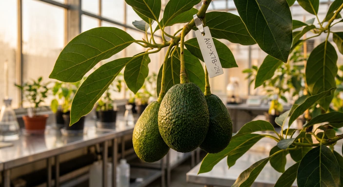 Scoville Splice Smash (SS-0467) — engineered Avocado specimen on-plant with laboratory specimen tag