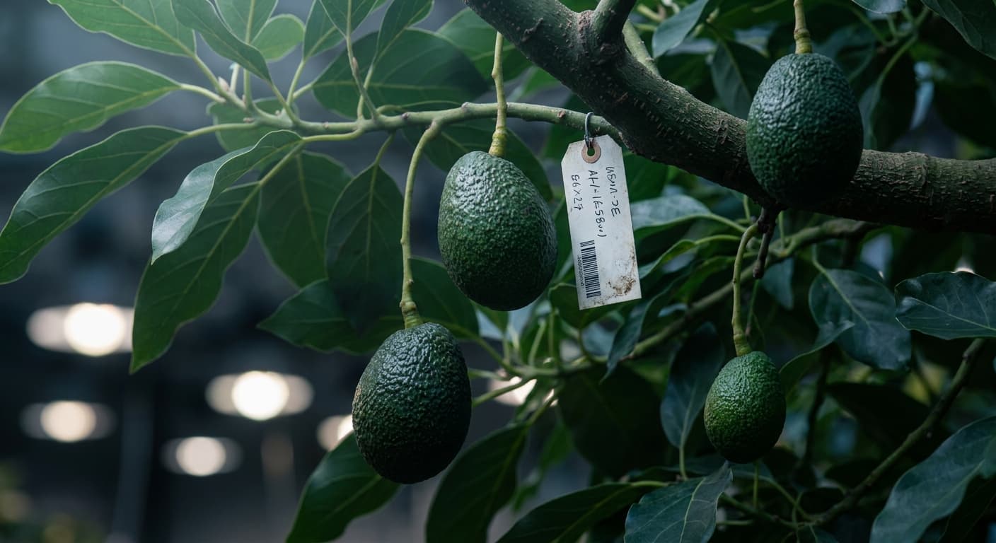 Scoville Splice Green Fury (SS-0468) — engineered Avocado specimen on-plant with laboratory specimen tag