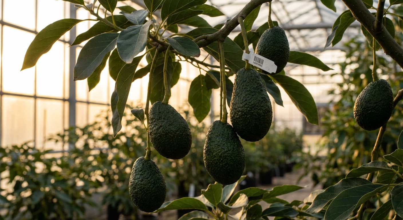 Scoville Splice Gold Rush (SS-0469) — engineered Avocado specimen on-plant with laboratory specimen tag