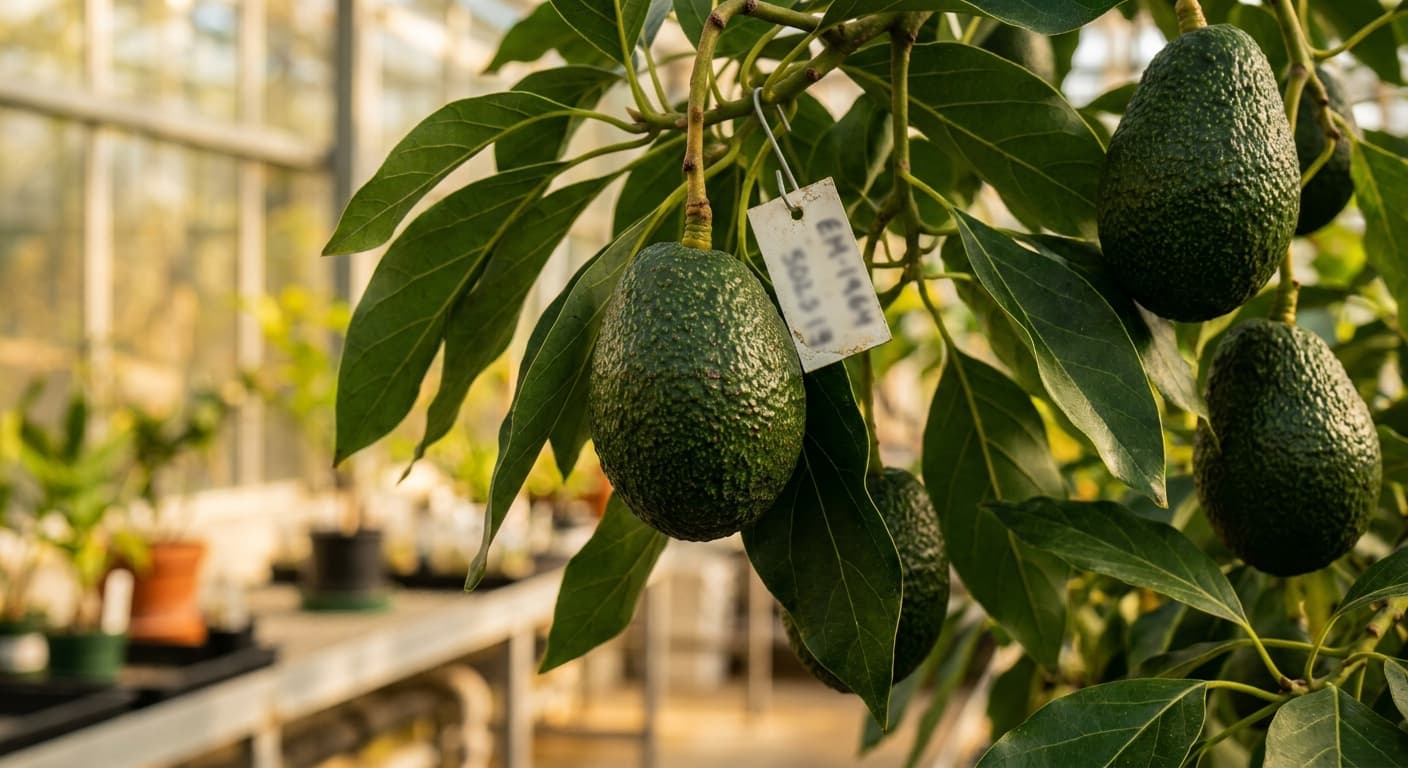 Scoville Splice Millennial Meltdown (SS-0470) — engineered Avocado specimen on-plant with laboratory specimen tag