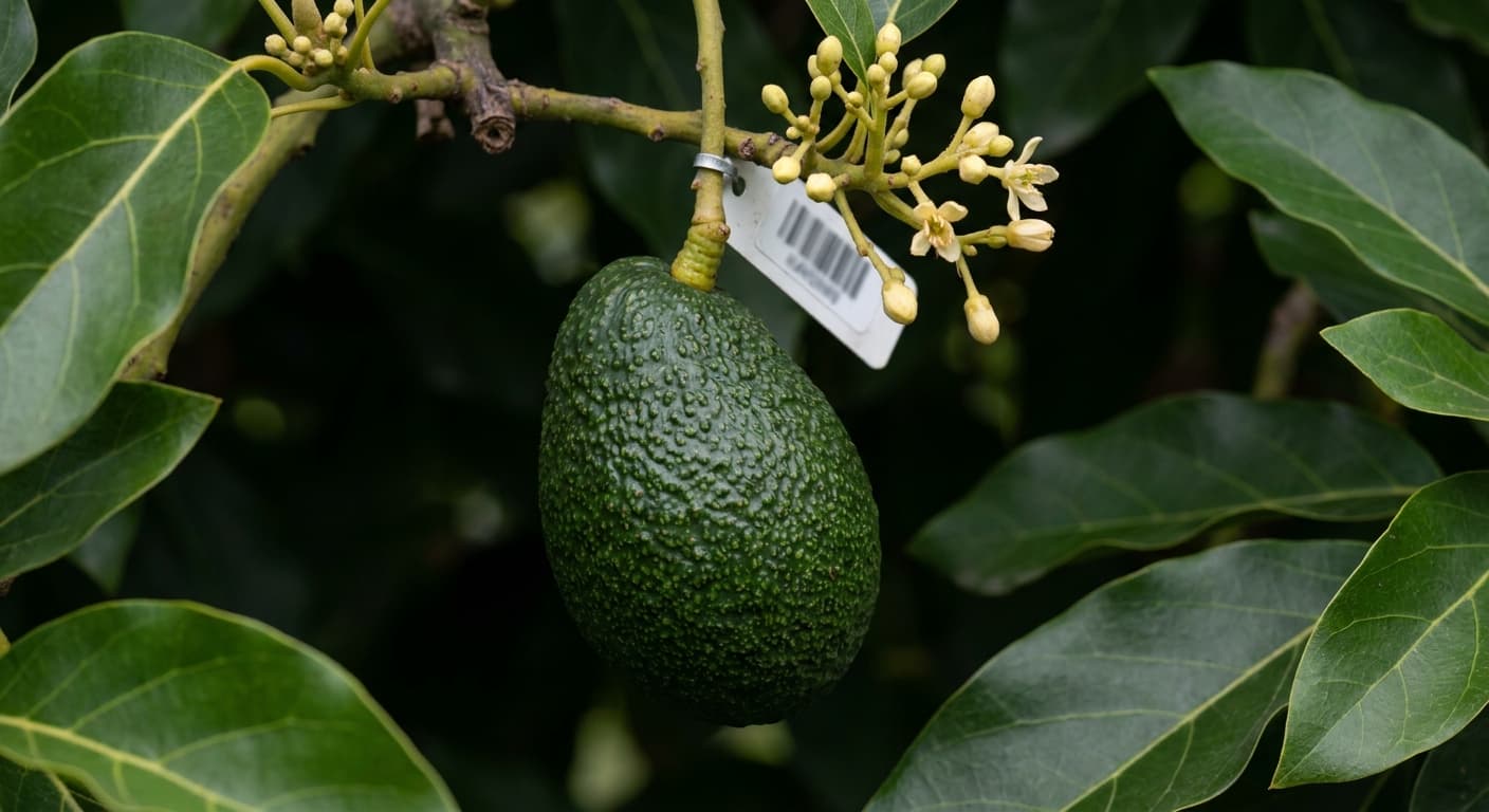 Scoville Splice Guac and Roll (SS-0471) — engineered Avocado specimen on-plant with laboratory specimen tag