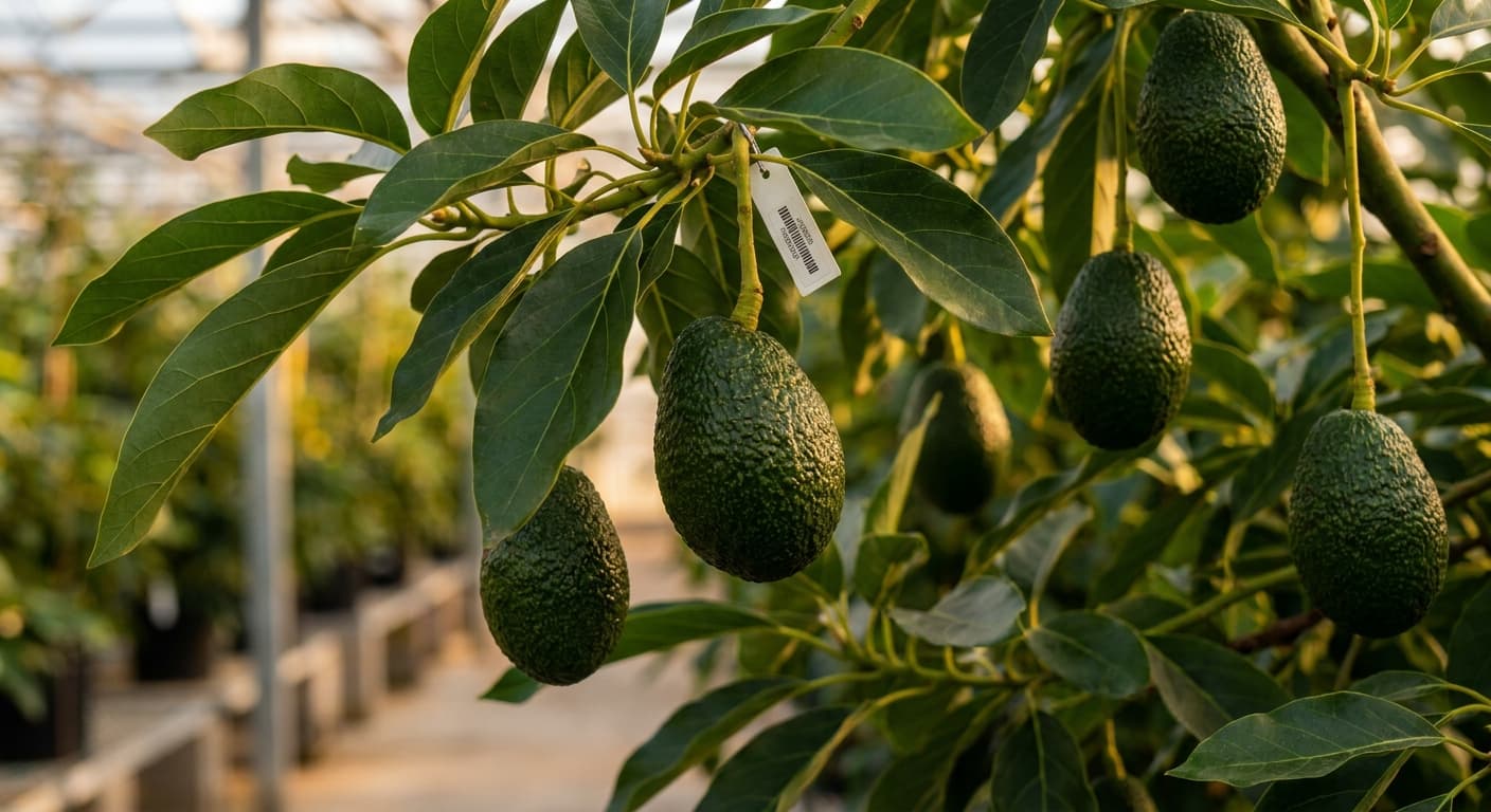Scoville Splice Pit Boss (SS-0472) — engineered Avocado specimen on-plant with laboratory specimen tag