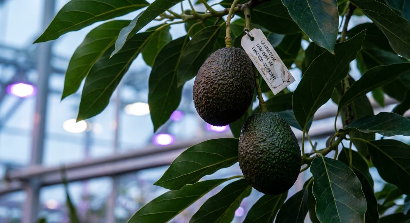 Scoville Splice Green Machine (SS-0473) — engineered Avocado specimen on-plant with laboratory specimen tag
