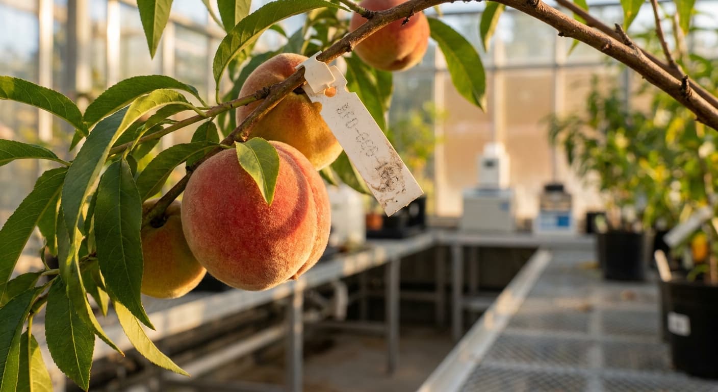 Scoville Splice Georgia Burn (SS-0492) — engineered Peach specimen on-plant with laboratory specimen tag