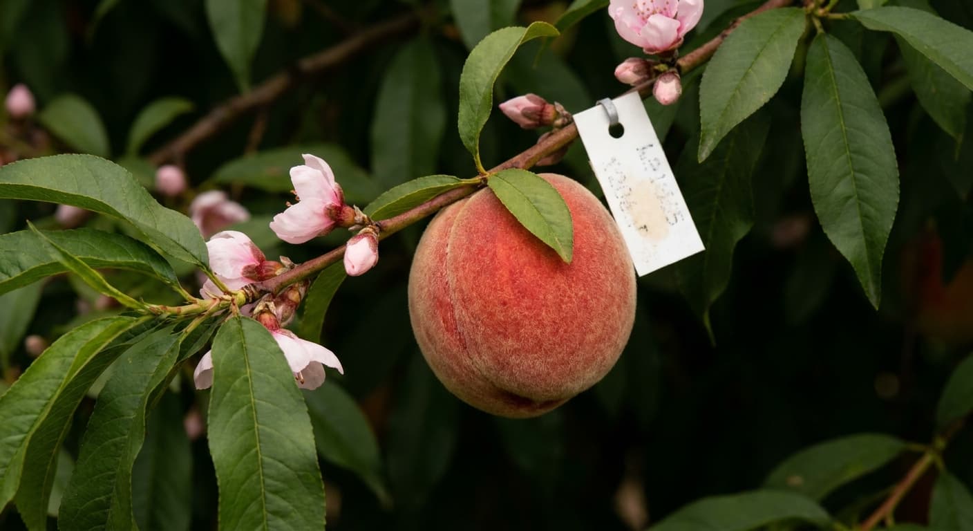 Scoville Splice Cobbler (SS-0493) — engineered Peach specimen on-plant with laboratory specimen tag
