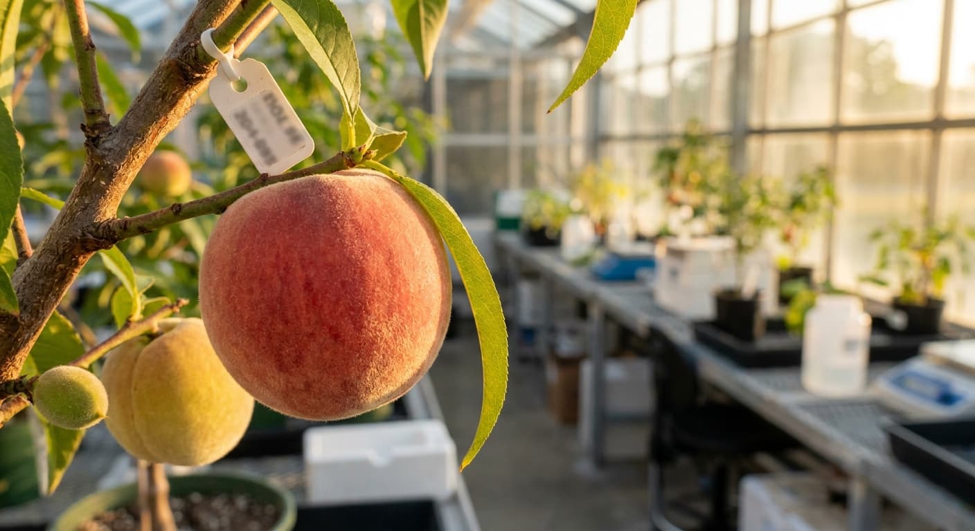 Scoville Splice Bellini (SS-0494) — engineered Peach specimen on-plant with laboratory specimen tag