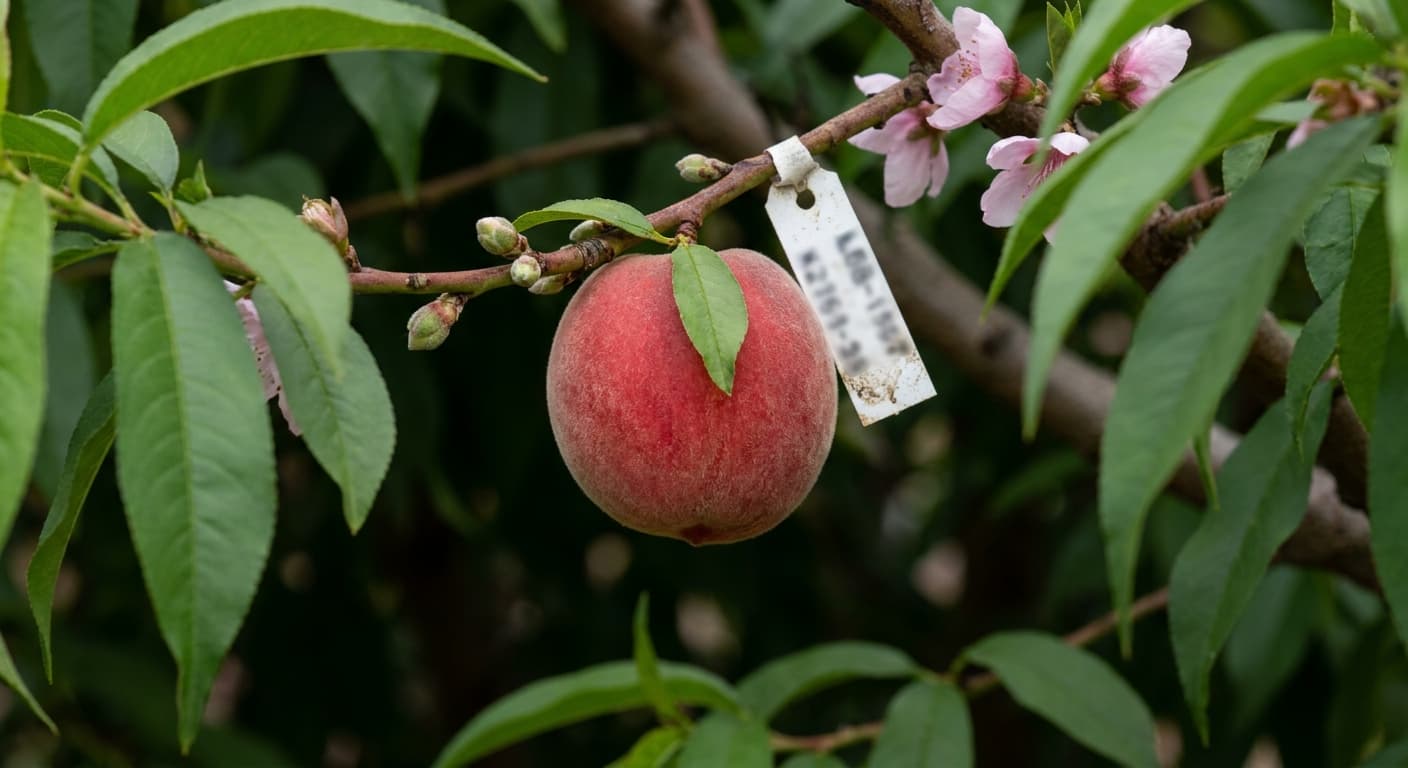Scoville Splice Melba (SS-0495) — engineered Peach specimen on-plant with laboratory specimen tag