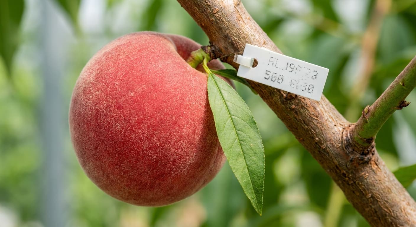 Scoville Splice Peach Blaze (SS-0496) — engineered Peach specimen on-plant with laboratory specimen tag