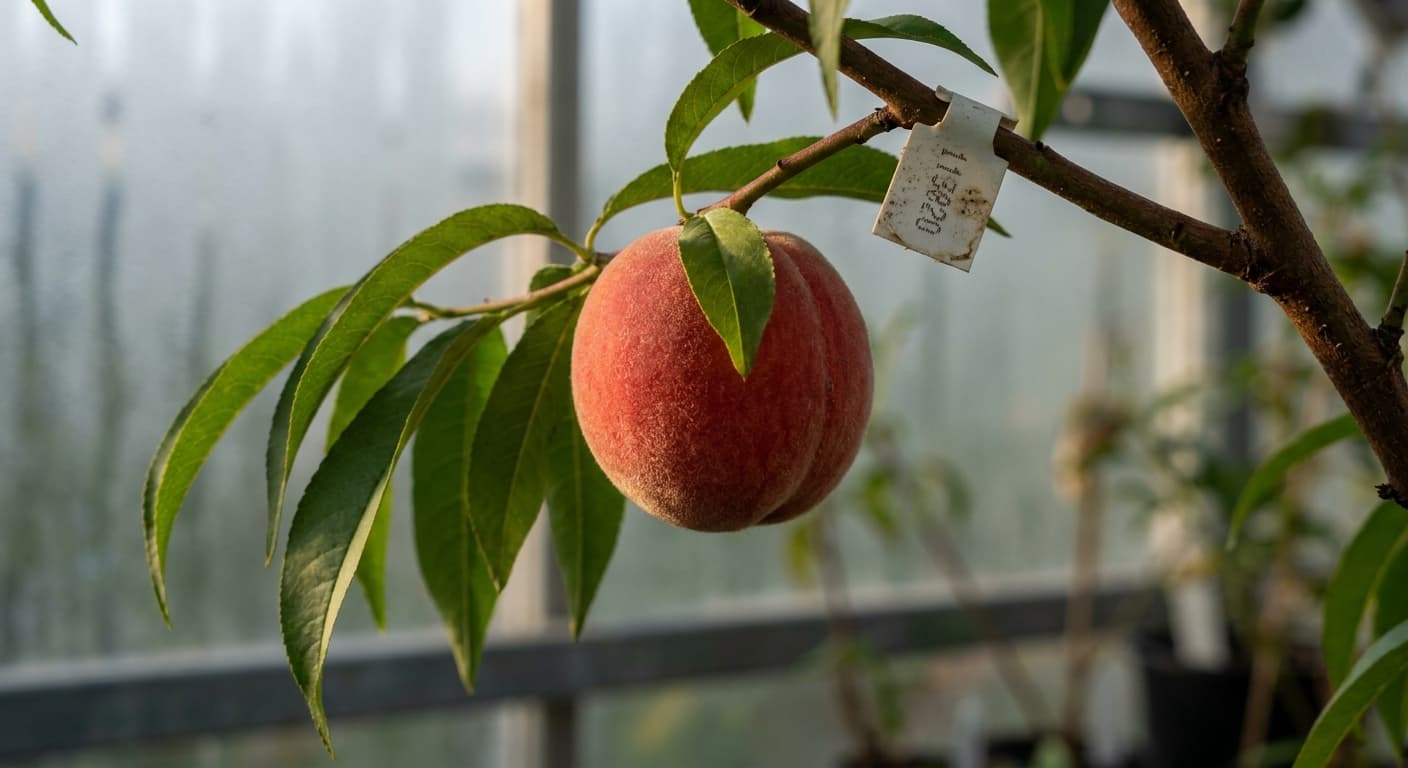 Scoville Splice Freestone Fire (SS-0497) — engineered Peach specimen on-plant with laboratory specimen tag