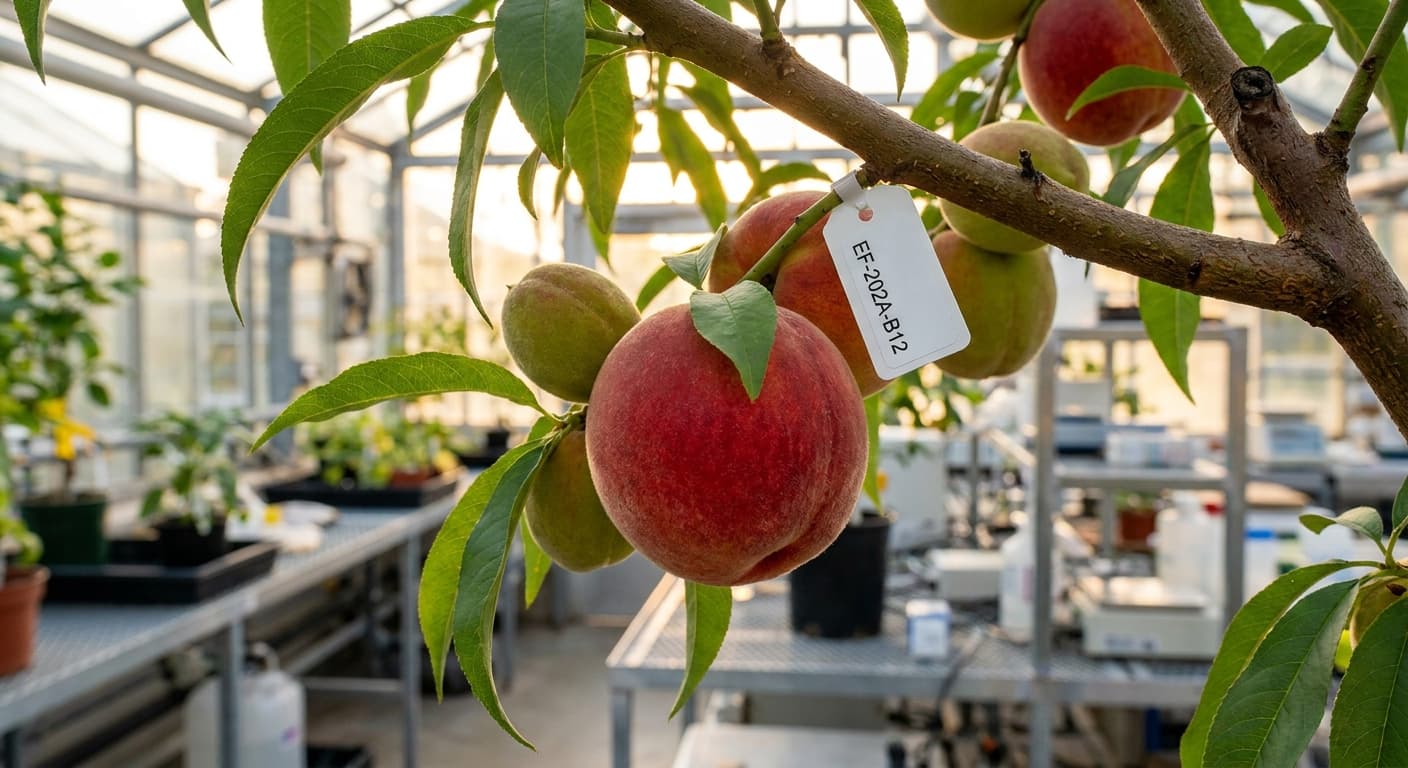 Scoville Splice Stone Inferno (SS-0498) — engineered Peach specimen on-plant with laboratory specimen tag