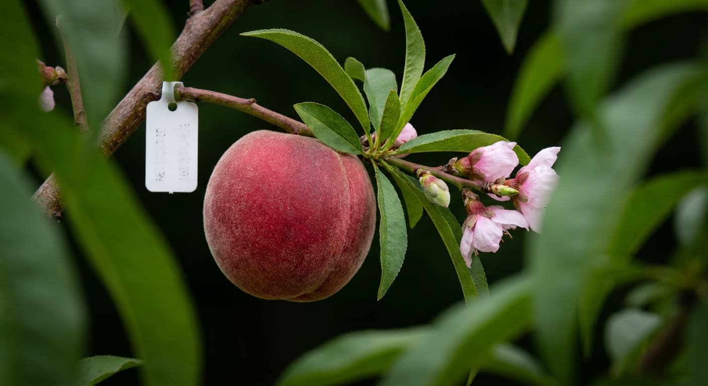 Scoville Splice Nectarine (SS-0499) — engineered Peach specimen on-plant with laboratory specimen tag