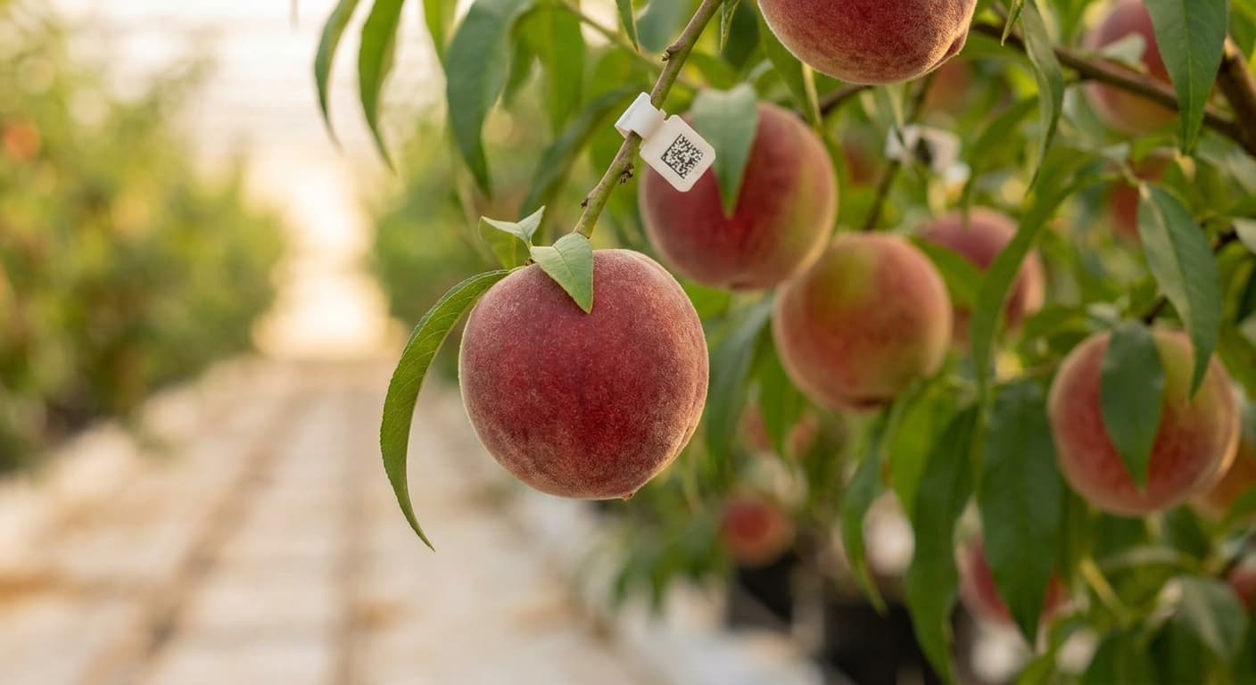 Scoville Splice Clingstone (SS-0500) — engineered Peach specimen on-plant with laboratory specimen tag