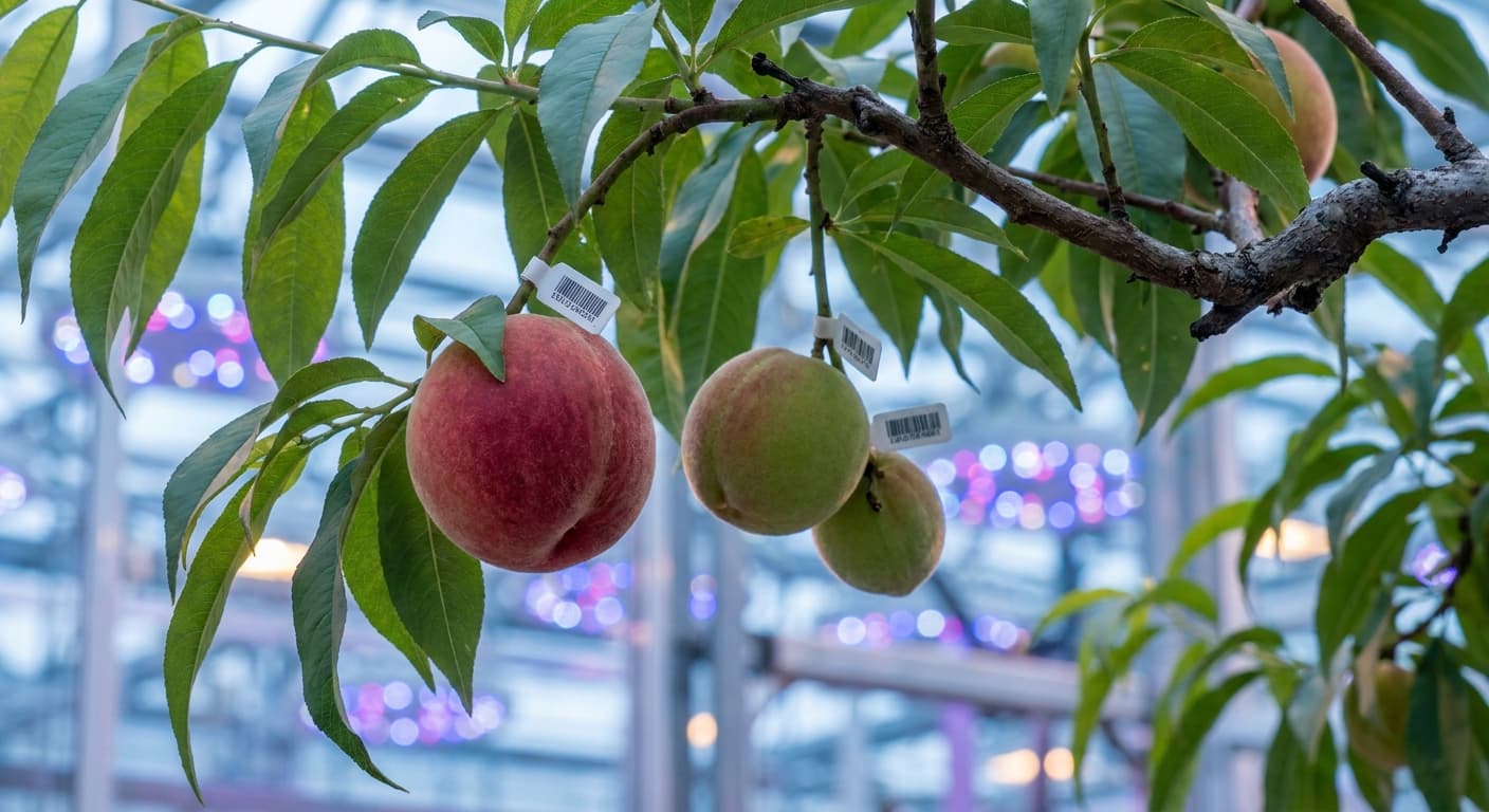 Scoville Splice Peach Schnapps (SS-0501) — engineered Peach specimen on-plant with laboratory specimen tag
