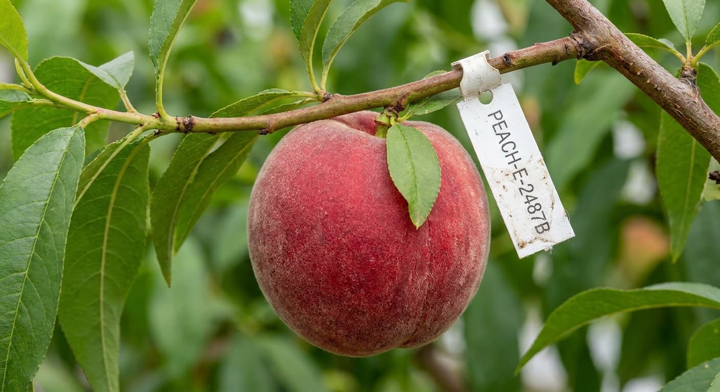 Scoville Splice Southern Comfort (SS-0502) — engineered Peach specimen on-plant with laboratory specimen tag