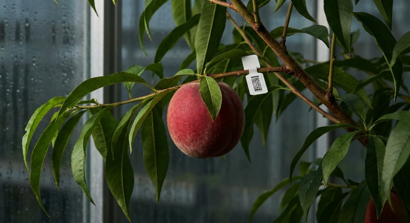 Scoville Splice Peach Preserve (SS-0503) — engineered Peach specimen on-plant with laboratory specimen tag