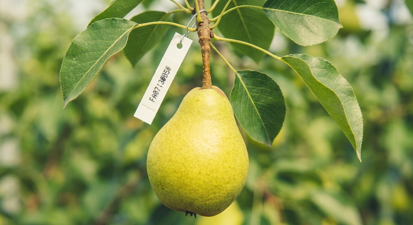 Scoville Splice Bartlett Breeze (SS-0504) — engineered Pear specimen on-plant with laboratory specimen tag