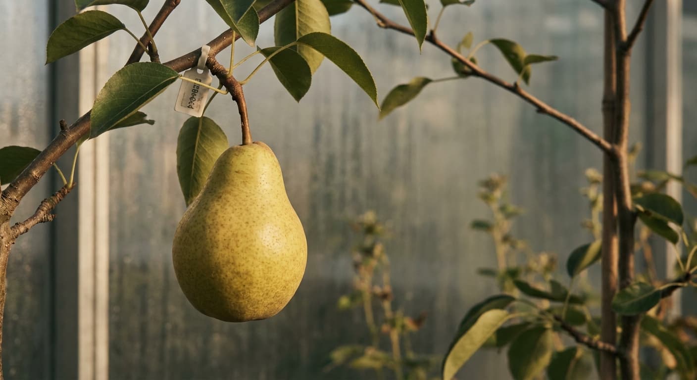 Scoville Splice Anjou Glow (SS-0505) — engineered Pear specimen on-plant with laboratory specimen tag