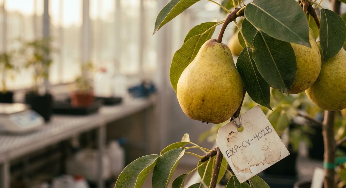 Scoville Splice Bosc Burn (SS-0506) — engineered Pear specimen on-plant with laboratory specimen tag
