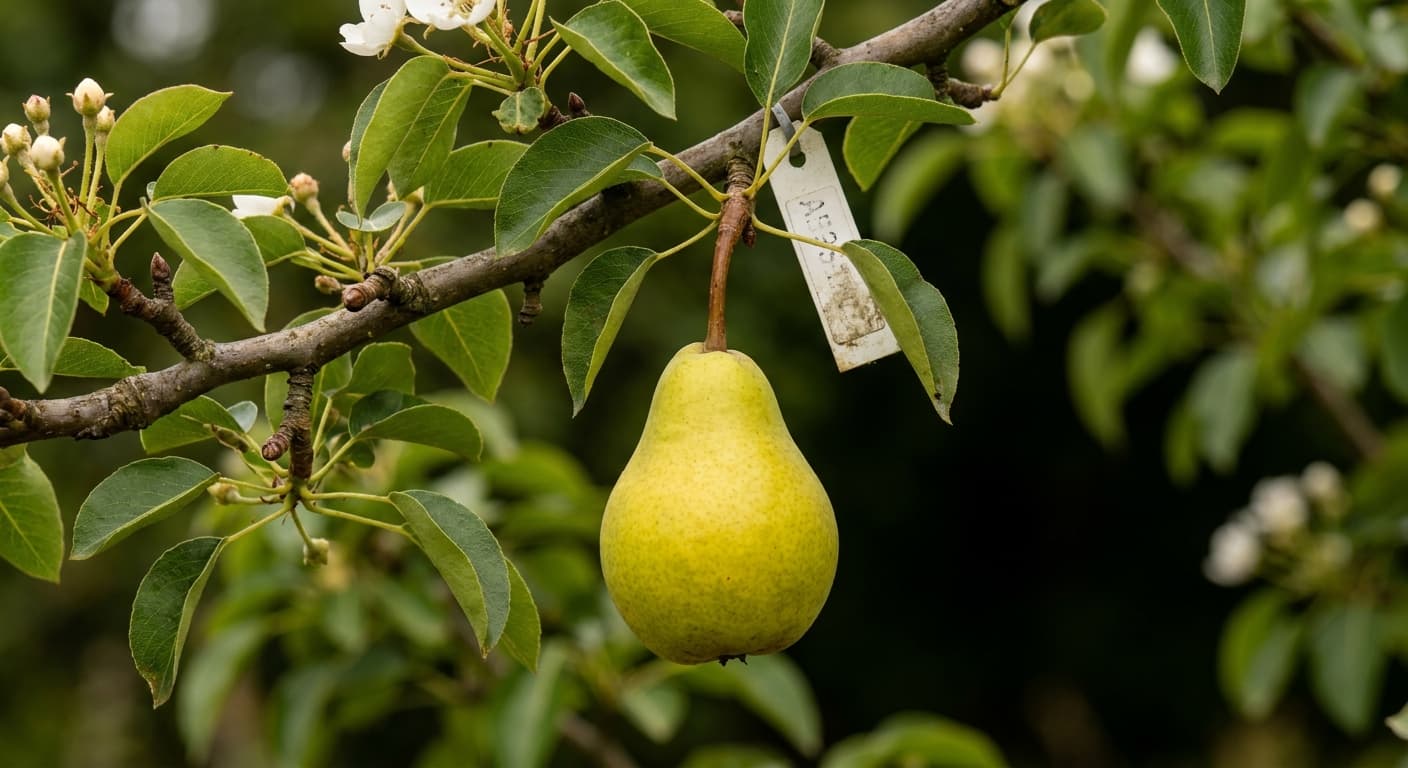 Scoville Splice Comice Fire (SS-0507) — engineered Pear specimen on-plant with laboratory specimen tag