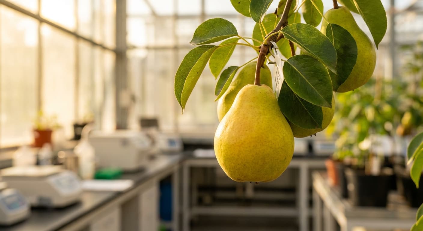 Scoville Splice Conference (SS-0508) — engineered Pear specimen on-plant with laboratory specimen tag