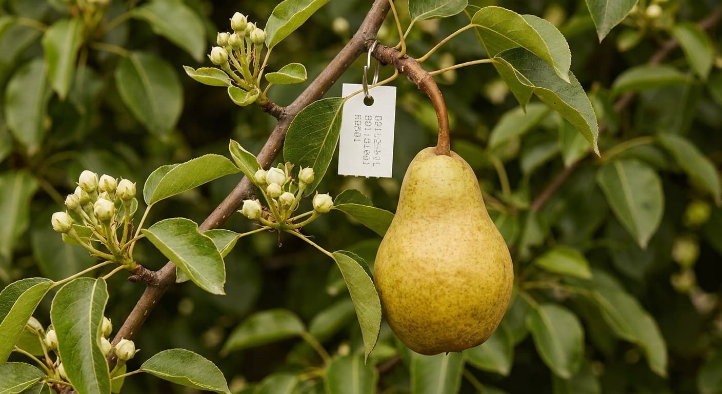 Scoville Splice Forelle Flame (SS-0509) — engineered Pear specimen on-plant with laboratory specimen tag