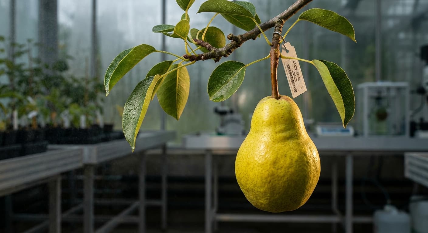 Scoville Splice Asian Blaze (SS-0510) — engineered Pear specimen on-plant with laboratory specimen tag