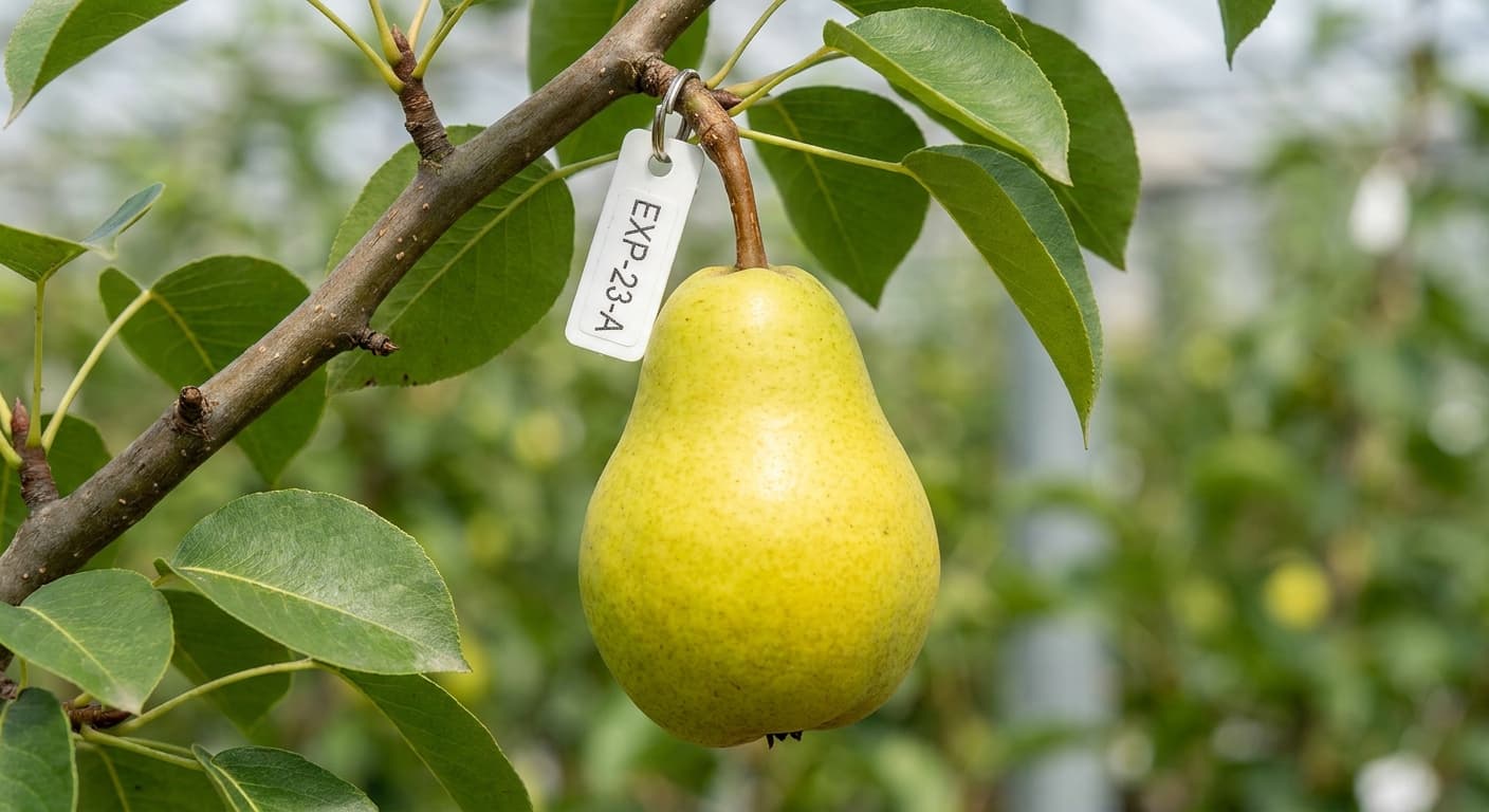 Scoville Splice Orchard Fire (SS-0511) — engineered Pear specimen on-plant with laboratory specimen tag